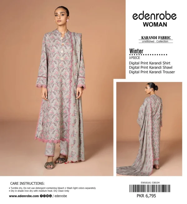 EDENROBE Digital Printed All-Over Karandi 3-Piece Suit
