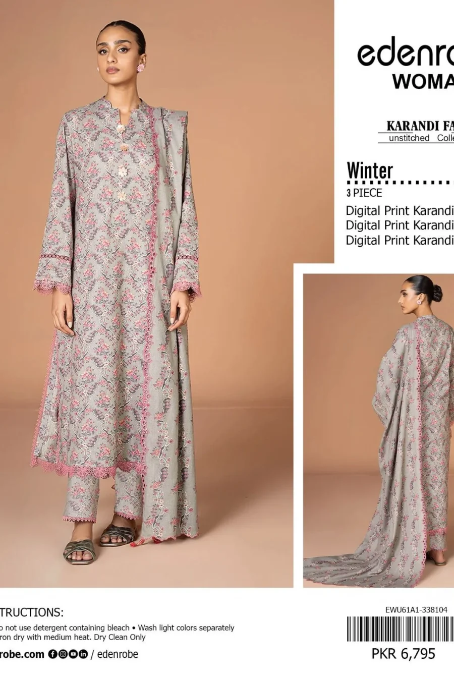 EDENROBE Digital Printed All-Over Karandi 3-Piece Suit