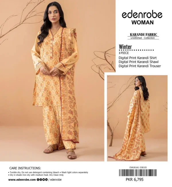 Edenrobe Digital Printed Karandi All-Over 3-Piece Suit