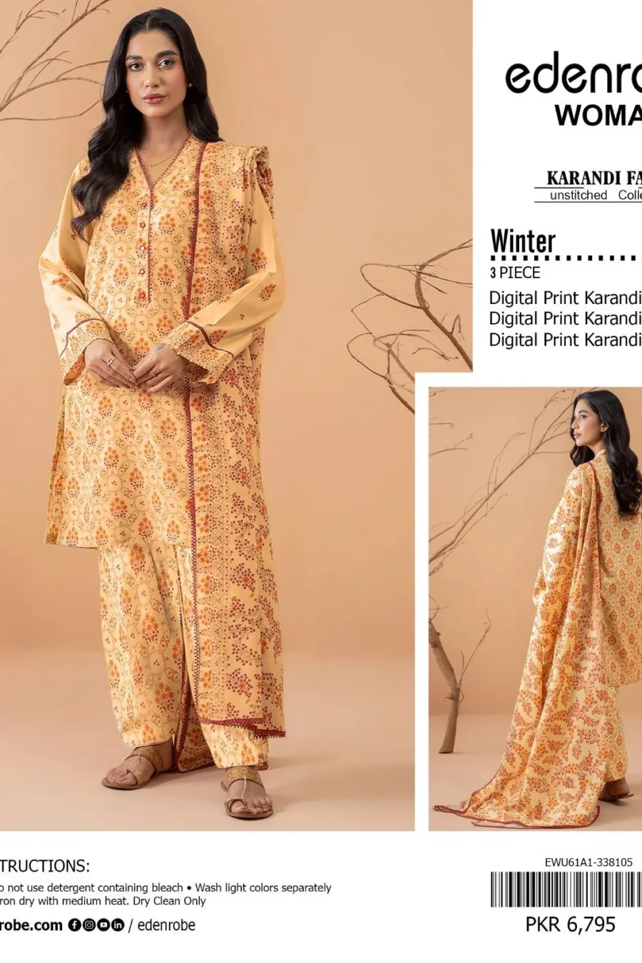 Edenrobe Digital Printed Karandi All-Over 3-Piece Suit