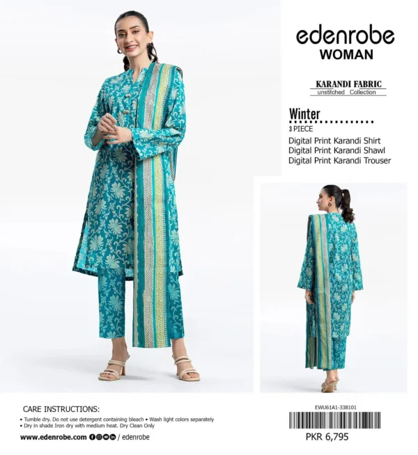 EDENROBE Digital Printed All-Over Karandi 3-Piece Suit