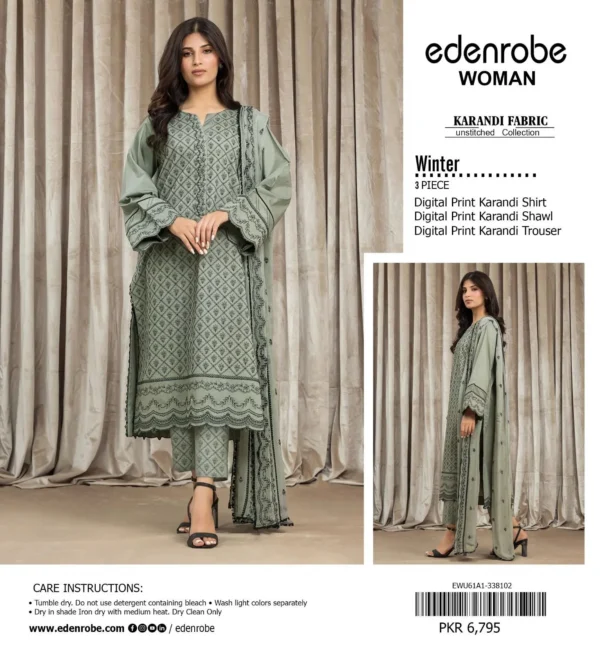 EDENROBE Digital Printed All-Over Karandi 3-Piece Suit