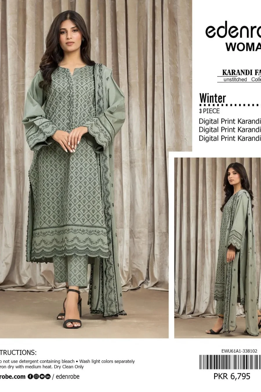 EDENROBE Digital Printed All-Over Karandi 3-Piece Suit