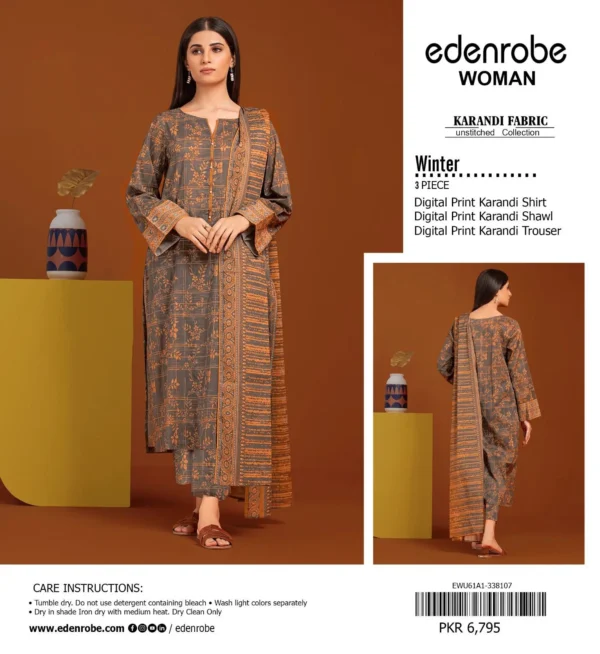 EDENROBE Digital Printed All-Over Karandi 3-Piece Suit