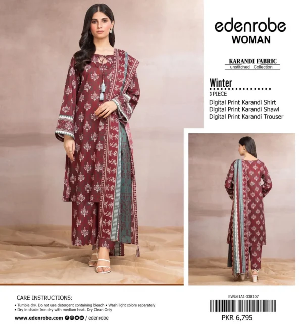EDENROBE Digital Printed 3-Piece Karandi Suit