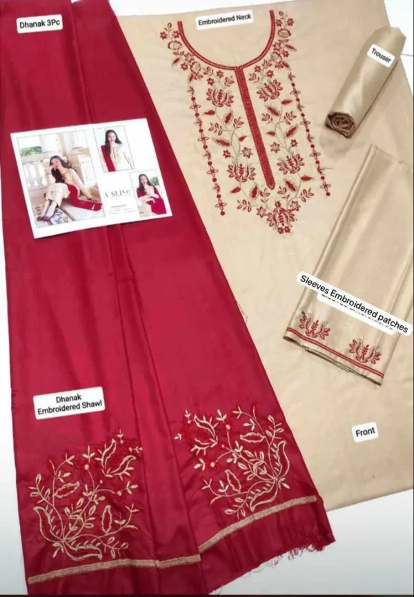 Dhanak Full Embroidered Unstitched 3PC Suit with Pashmina Wool Shawl - Image 6
