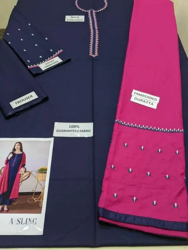 Dhanak Full Embroidered Unstitched 3PC Suit with Pashmina Wool Shawl - Image 5