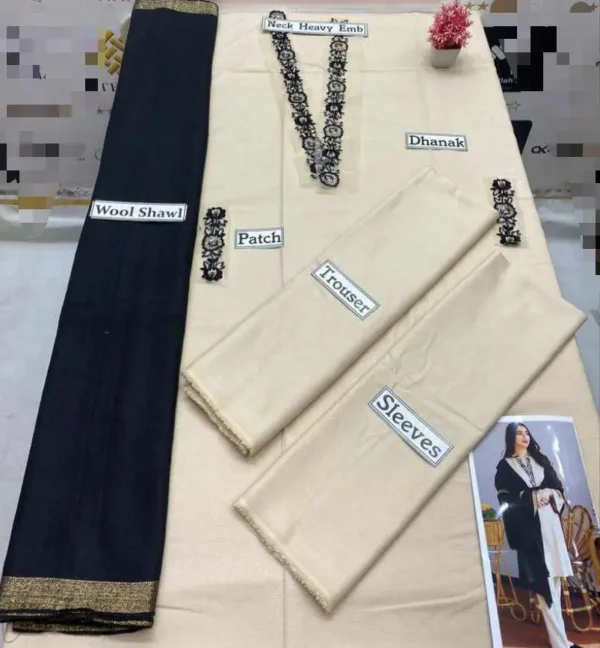 Dhanak Full Embroidered Unstitched 3PC Suit with Pashmina Wool Shawl - Image 8