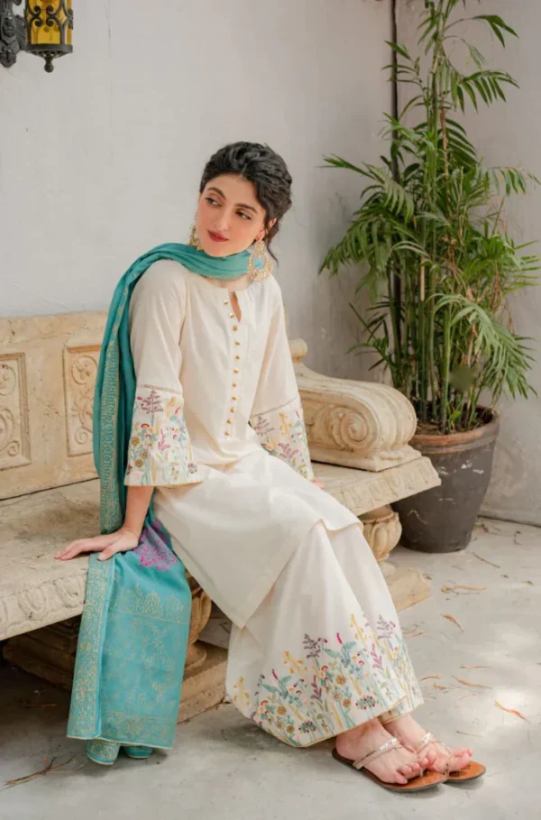 Dhanak Full Embroidered Unstitched 3PC Suit with Digital Printed Pashmina Wool Shawl - Image 3