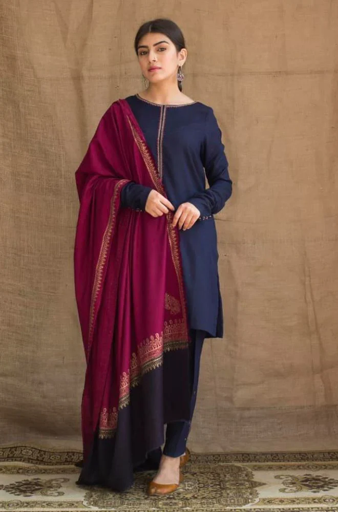 Dhanak Full Embroidered Unstitched 3PC Suit with Digital Printed Pashmina Wool Shawl