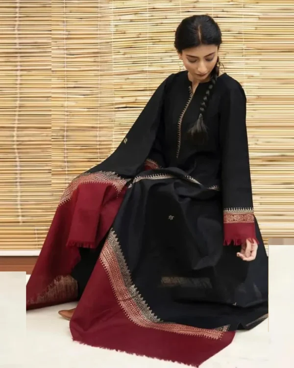 Dhanak Full Embroidered Unstitched 3PC Suit with Digital Printed Pashmina Wool Shawl - Image 3