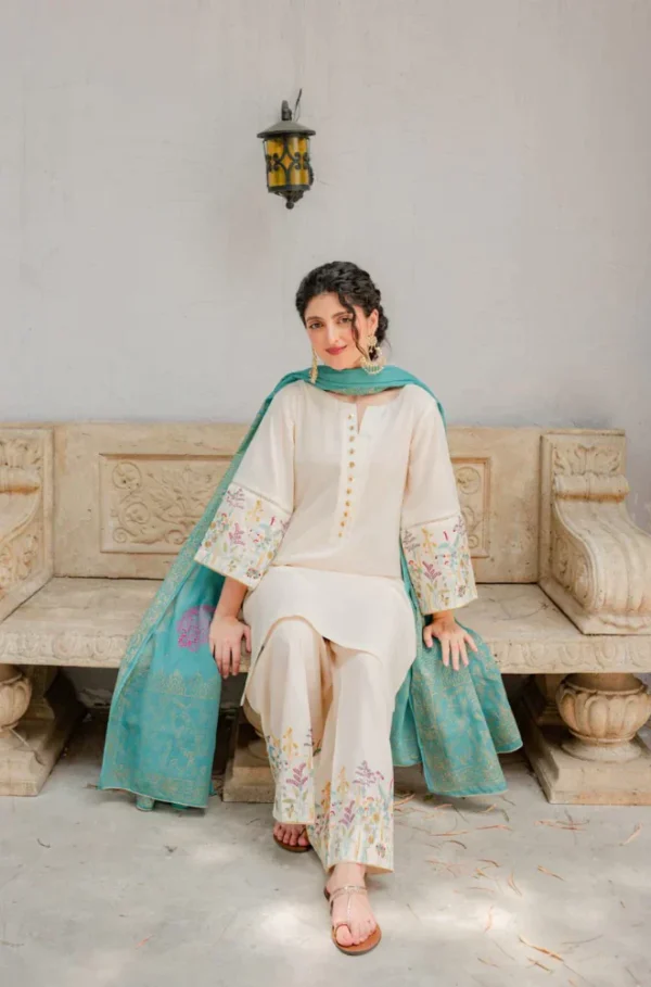 Dhanak Full Embroidered Unstitched 3PC Suit with Digital Printed Pashmina Wool Shawl - Image 2