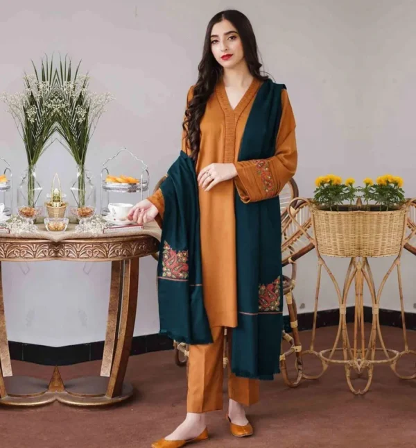 Dhanak Full Embroidered Unstitched 3PC Suit with Digital Printed Pashmina Wool Shawl