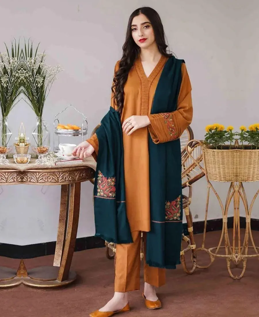 Dhanak Full Embroidered Unstitched 3PC Suit with Digital Printed Pashmina Wool Shawl