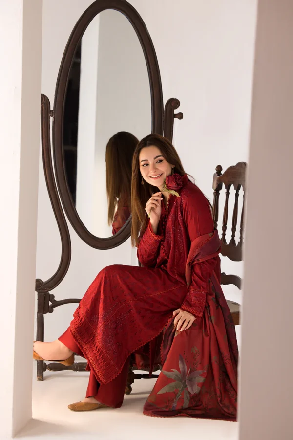 FLORENT - 3PC Dhanak Embroidered Shirt with Dhanak Embroidered Shawl and Trouser - Image 4