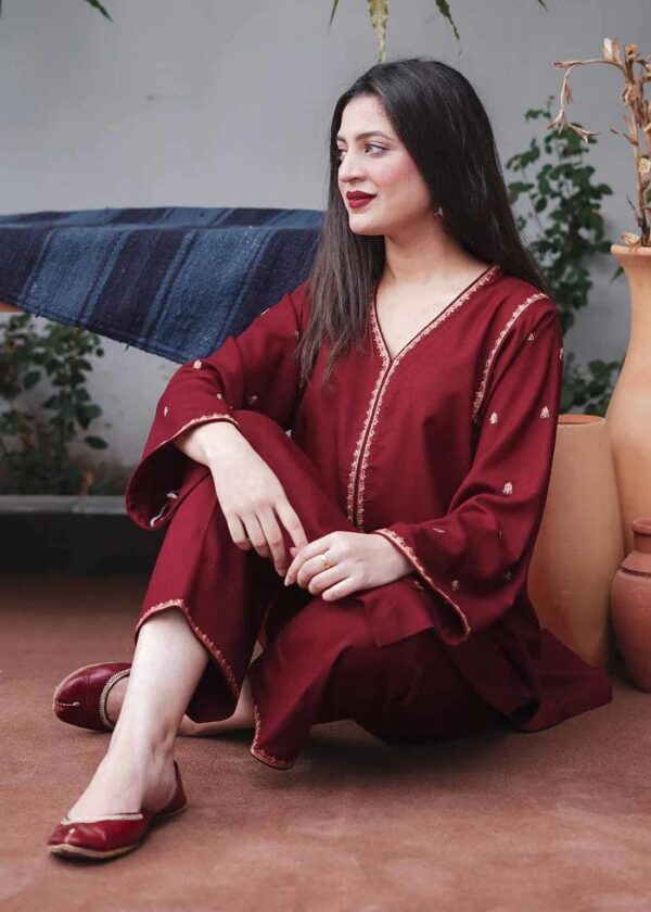 Dhanak Full Embroidered Unstitched 3PC Suit with Pashmina Wool Shawl - Image 2