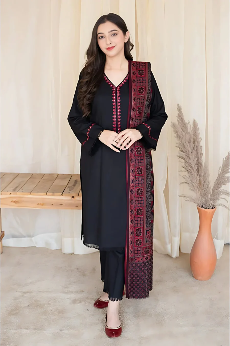 Dhanak Full Embroidered Unstitched 3PC Suit with Digital Printed Pashmina Wool Shawl