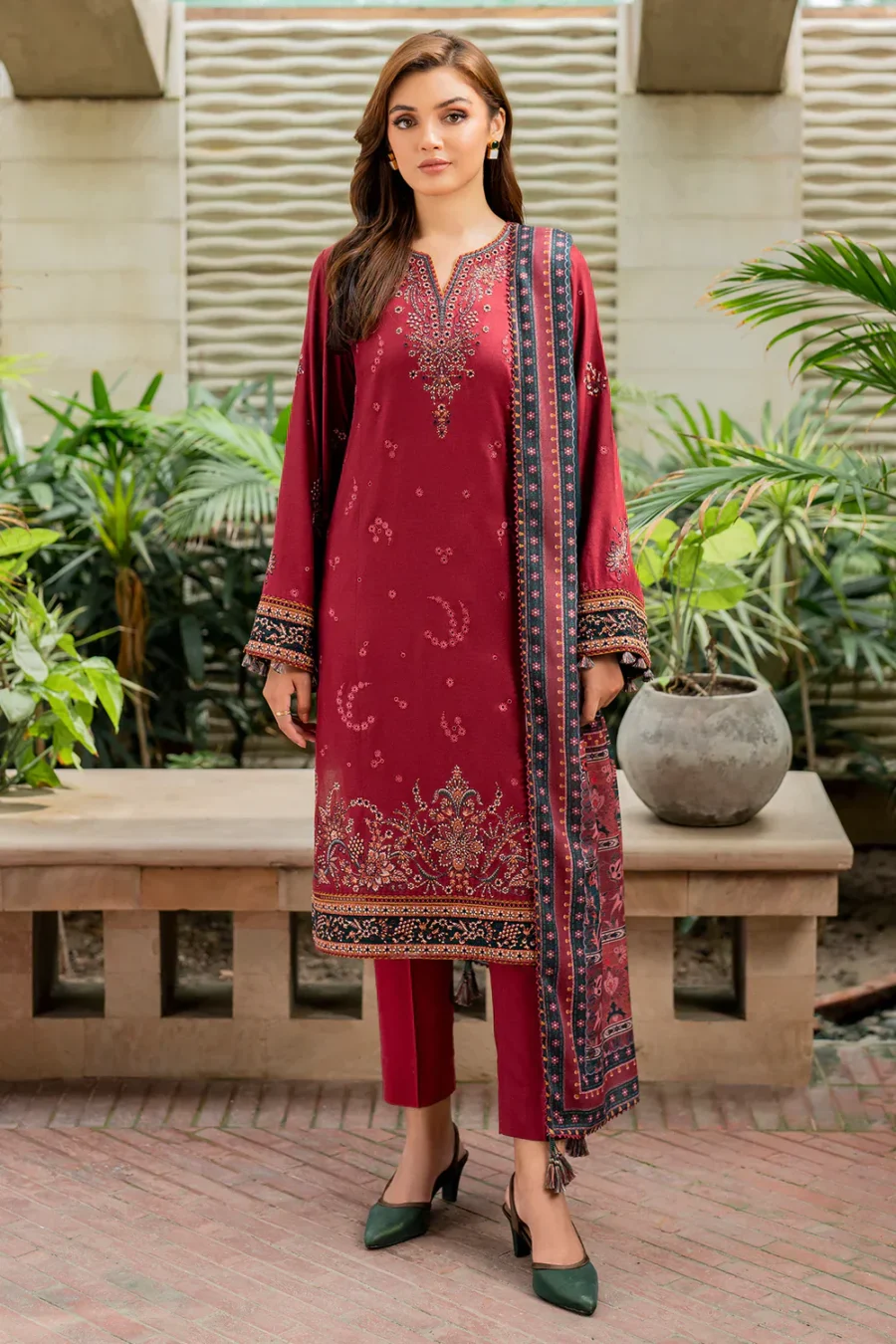 JAZMIN - 3PC Khaddar Embroidered Shirt with Twill Printed Shawl and Trouser