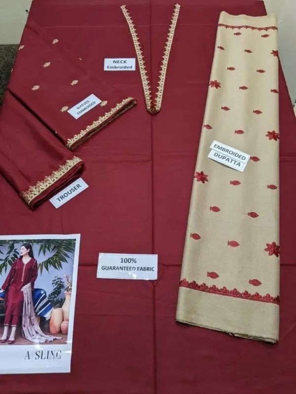 Dhanak Full Embroidered Unstitched 3PC Suit with Pashmina Wool Shawl - Image 8