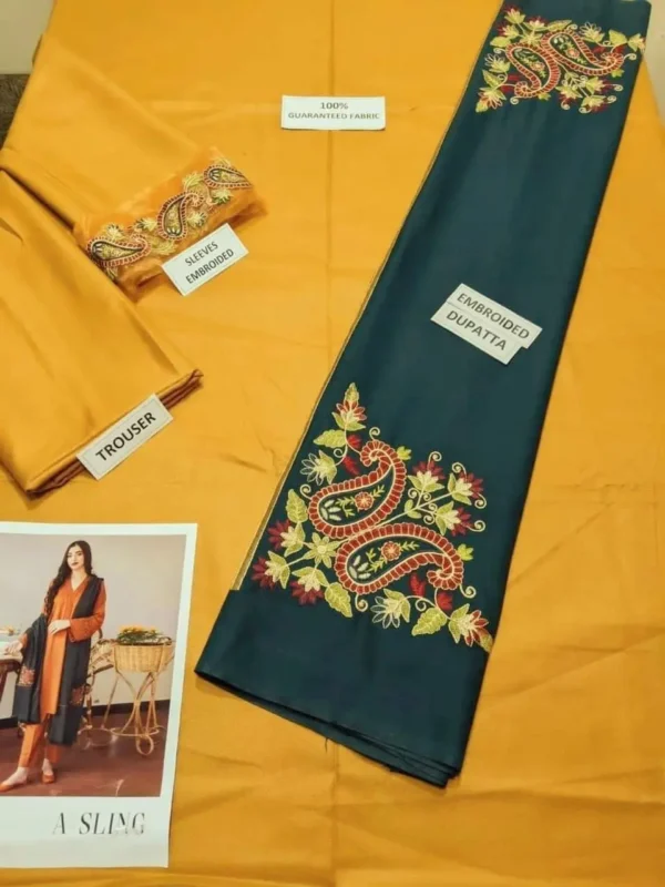 Dhanak Full Embroidered Unstitched 3PC Suit with Digital Printed Pashmina Wool Shawl - Image 6