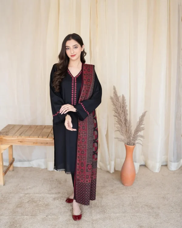 Dhanak Full Embroidered Unstitched 3PC Suit with Digital Printed Pashmina Wool Shawl - Image 3
