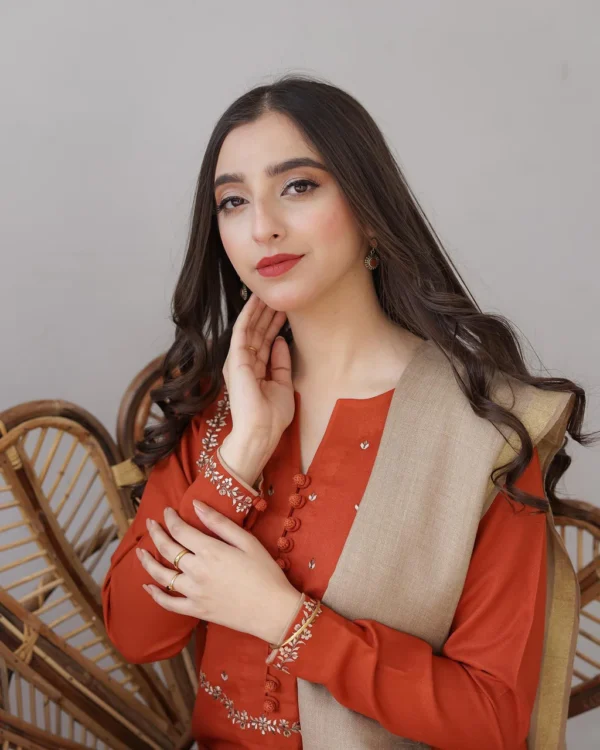 Dhanak Full Embroidered Unstitched 3PC Suit with Pashmina Wool Shawl - Image 3