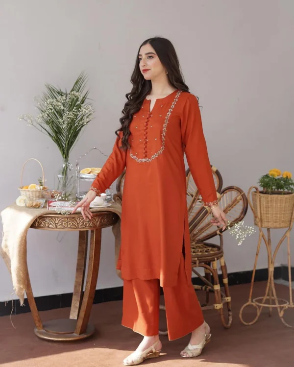 Dhanak Full Embroidered Unstitched 3PC Suit with Pashmina Wool Shawl - Image 4