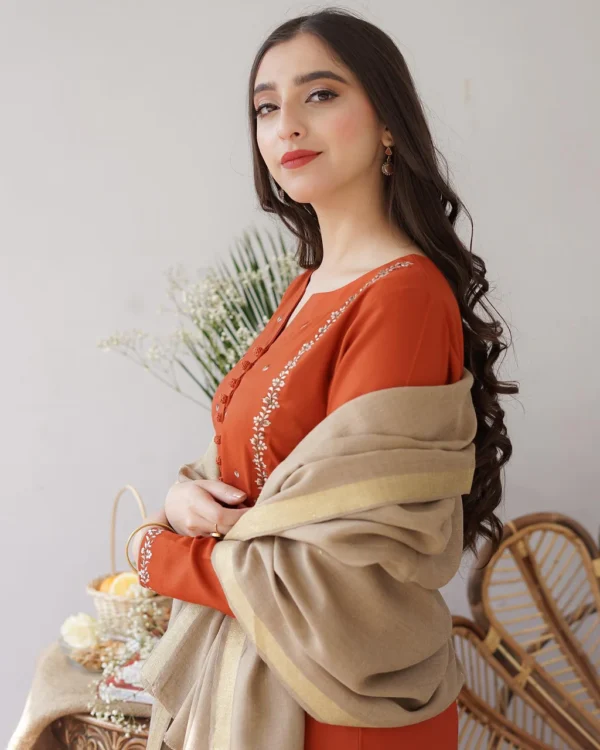 Dhanak Full Embroidered Unstitched 3PC Suit with Pashmina Wool Shawl - Image 7