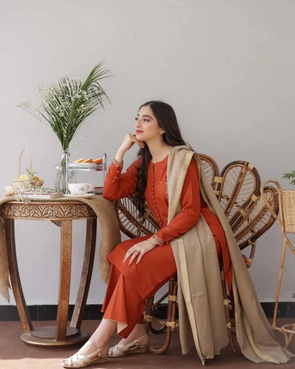 Dhanak Full Embroidered Unstitched 3PC Suit with Pashmina Wool Shawl - Image 2