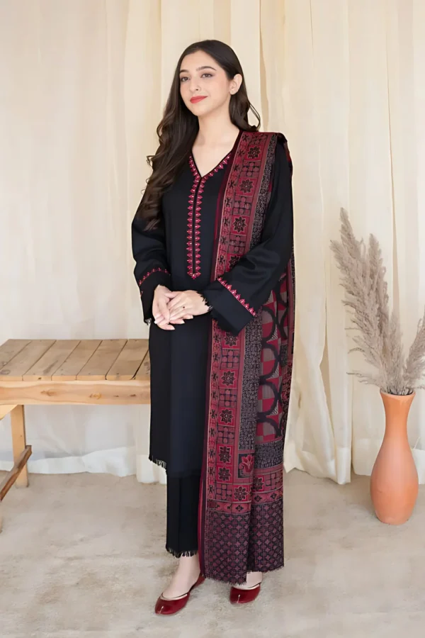 Dhanak Full Embroidered Unstitched 3PC Suit with Digital Printed Pashmina Wool Shawl - Image 2