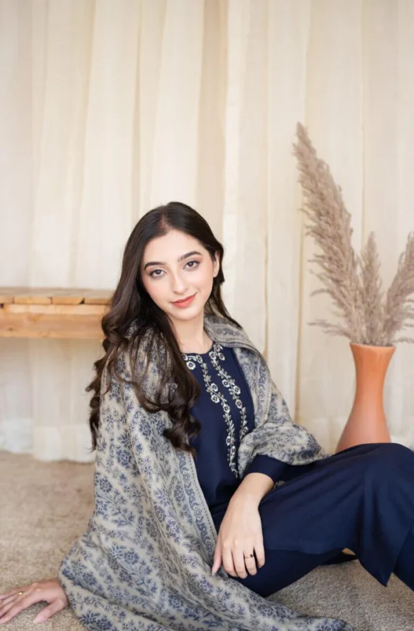 Dhanak Full Embroidered Unstitched 3PC Suit with Pashmina Wool Shawl - Image 5