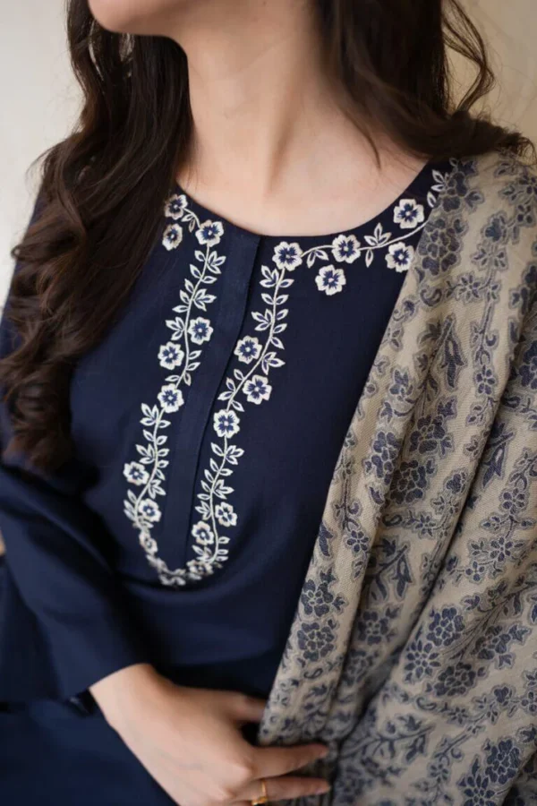 Dhanak Full Embroidered Unstitched 3PC Suit with Pashmina Wool Shawl - Image 4