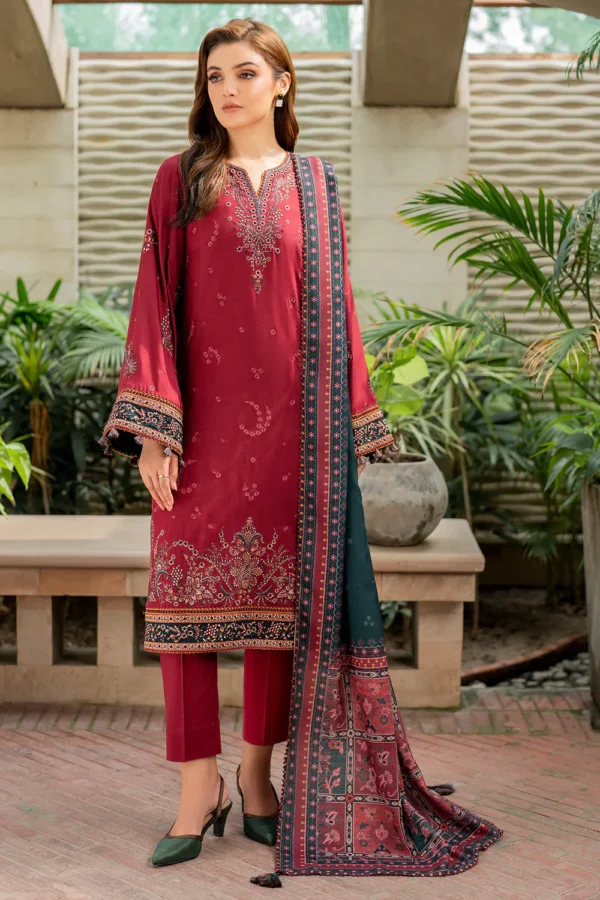 JAZMIN - 3PC Khaddar Embroidered Shirt with Twill Printed Shawl and Trouser - Image 3