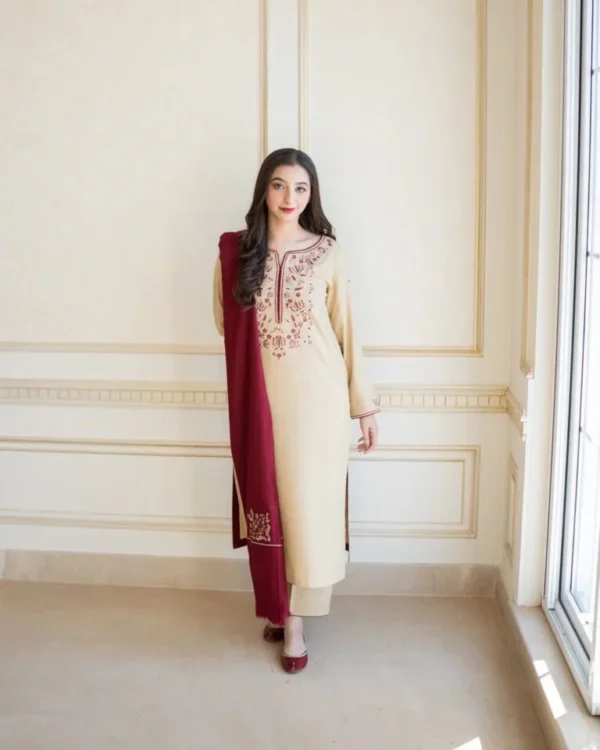 Dhanak Full Embroidered Unstitched 3PC Suit with Pashmina Wool Shawl - Image 2