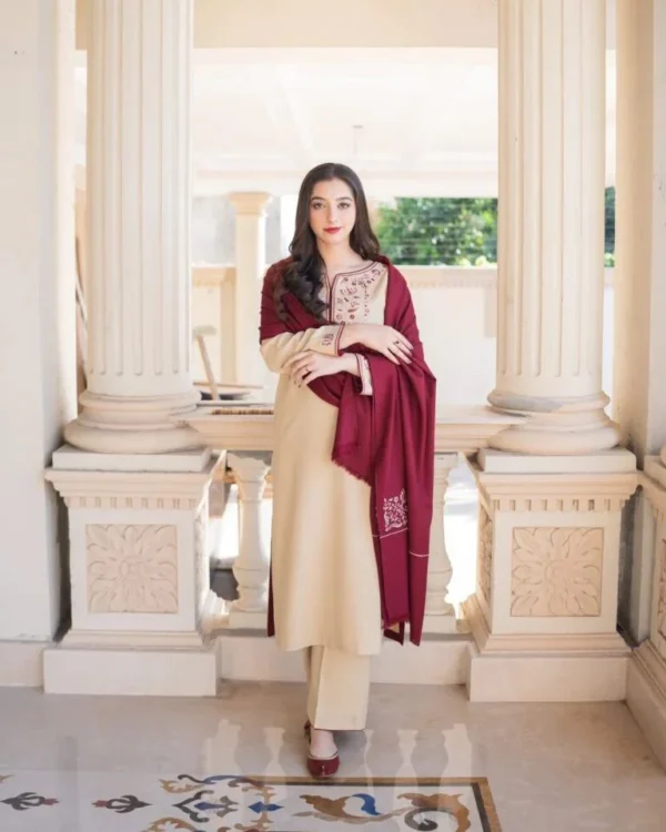 Dhanak Full Embroidered Unstitched 3PC Suit with Pashmina Wool Shawl