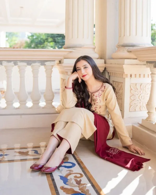 Dhanak Full Embroidered Unstitched 3PC Suit with Pashmina Wool Shawl - Image 4