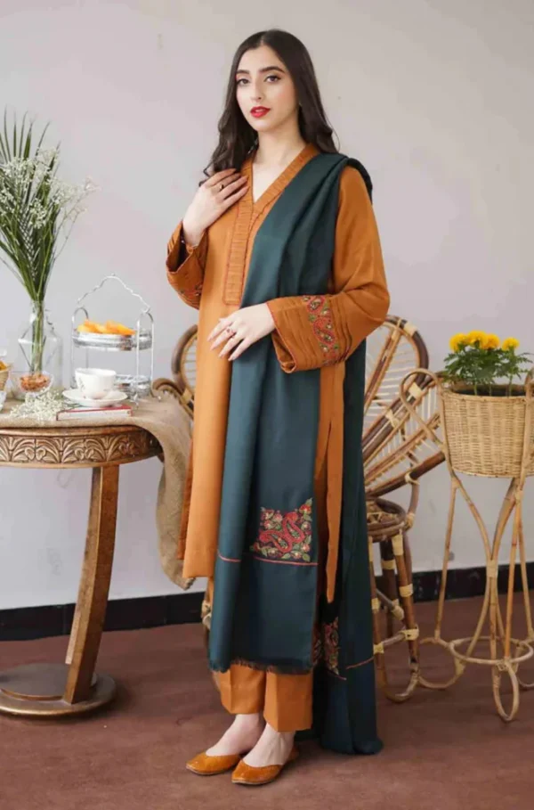 Dhanak Full Embroidered Unstitched 3PC Suit with Digital Printed Pashmina Wool Shawl - Image 2