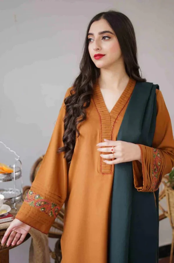 Dhanak Full Embroidered Unstitched 3PC Suit with Digital Printed Pashmina Wool Shawl - Image 4