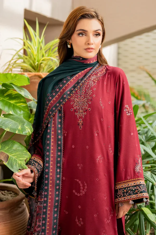 JAZMIN - 3PC Khaddar Embroidered Shirt with Twill Printed Shawl and Trouser - Image 4