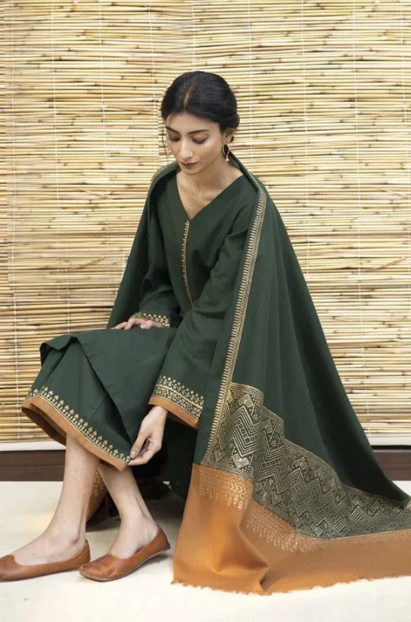 Dhanak Full Embroidered Unstitched 3PC Suit with Pashmina Wool Shawl - Image 3
