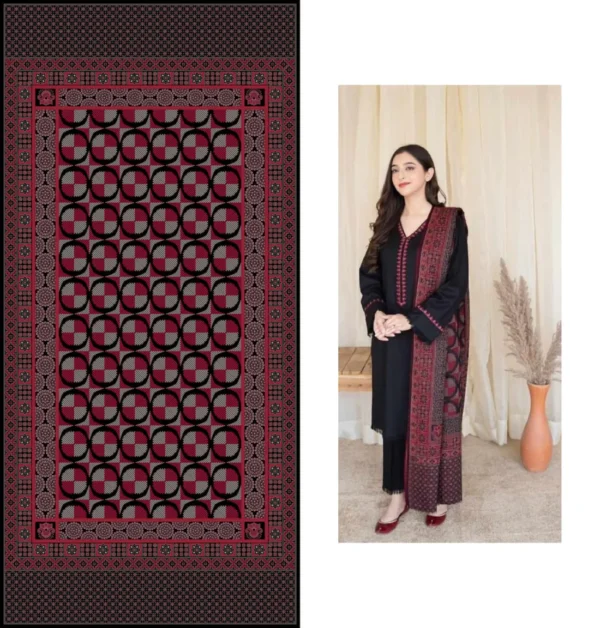 Dhanak Full Embroidered Unstitched 3PC Suit with Digital Printed Pashmina Wool Shawl - Image 6