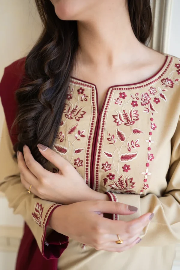 Dhanak Full Embroidered Unstitched 3PC Suit with Pashmina Wool Shawl - Image 5