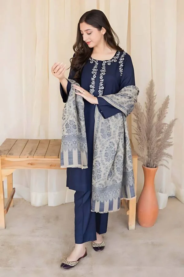 Dhanak Full Embroidered Unstitched 3PC Suit with Pashmina Wool Shawl - Image 2