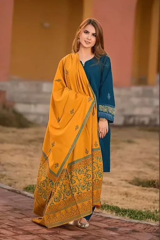 Dhanak Full Embroidered Unstitched 3PC Suit with Pashmina Wool Shawl