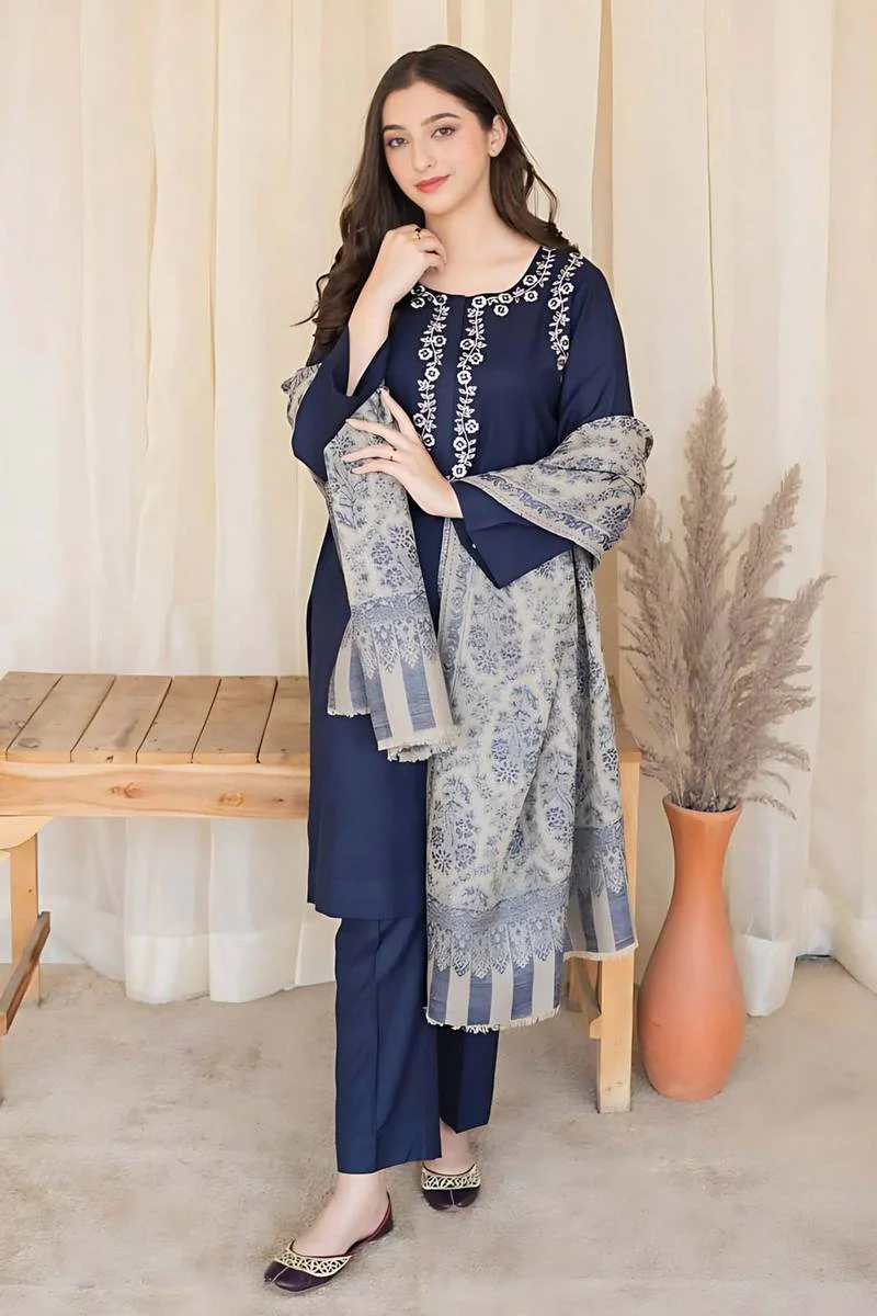 Dhanak Full Embroidered Unstitched 3PC Suit with Pashmina Wool Shawl