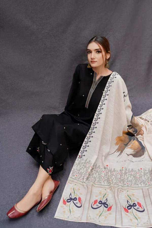 Dhanak Full Embroidered Unstitched 3PC Suit with Digital Printed Pashmina Wool Shawl - Image 8