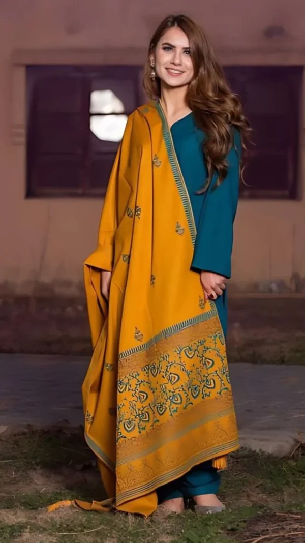 Dhanak Full Embroidered Unstitched 3PC Suit with Pashmina Wool Shawl - Image 2