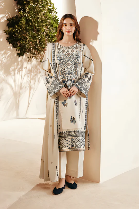 FLORENT - 3PC Dhanak Embroidered Shirt with Dhanak Embroidered Shawl and Trouser