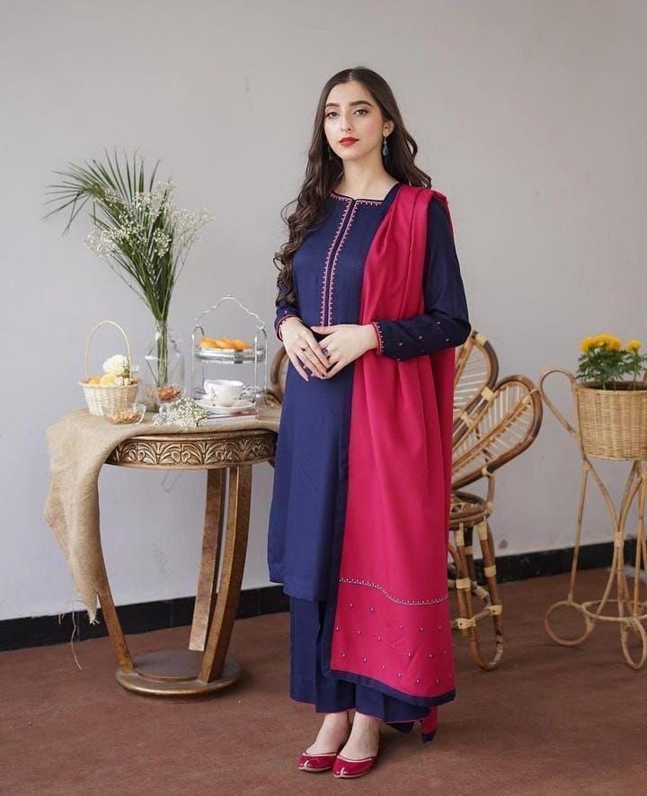Dhanak Full Embroidered Unstitched 3PC Suit with Pashmina Wool Shawl