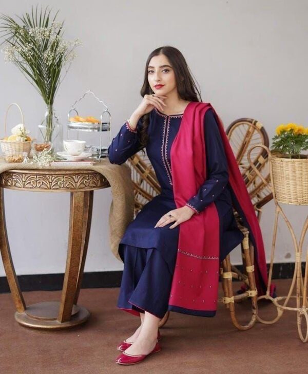Dhanak Full Embroidered Unstitched 3PC Suit with Pashmina Wool Shawl - Image 3